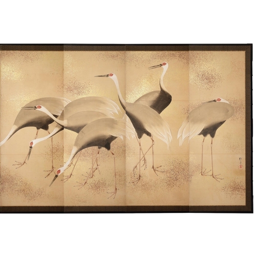 728 - A LARGE AND IMPRESSIVE EIGHT FOLD 'BYOBU' SCREEN WITH NINE 'MANCHURIAN' CRANES MEIJI PERIOD- 19TH CE... 