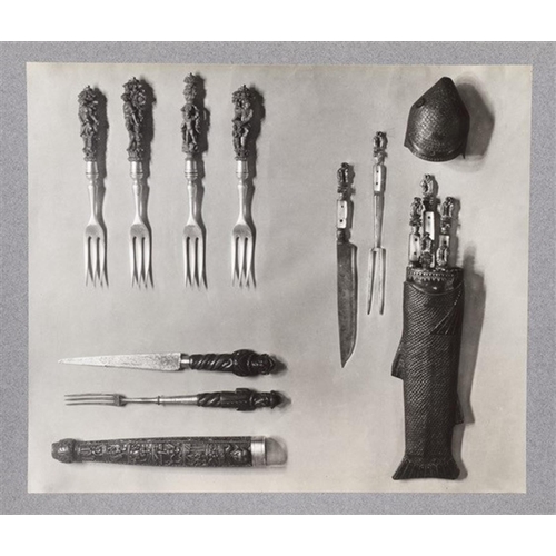 730 - A MUSEUM RED MOROCCO LEATHER PHOTOGRAPH ALBUM OF ANTIQUE CUTLERY 19TH CENTURY Illustrating a fine co... 