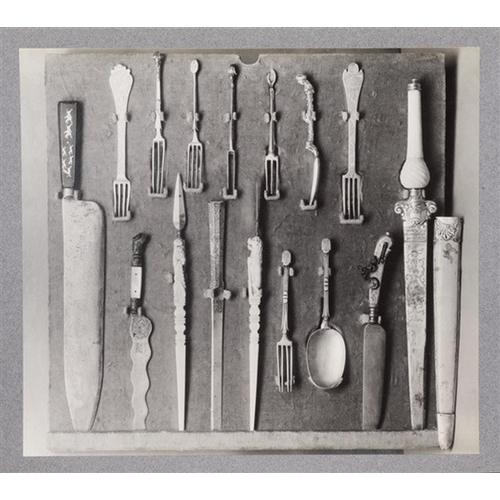 730 - A MUSEUM RED MOROCCO LEATHER PHOTOGRAPH ALBUM OF ANTIQUE CUTLERY 19TH CENTURY Illustrating a fine co... 