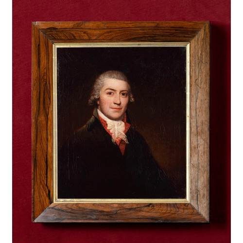 732 - JAMES EARL OF MASSACHUSETTS (AMERICAN 1761 - 1796) PORTRAIT OF MR JANNER Oil on canvasSigned, inscri... 