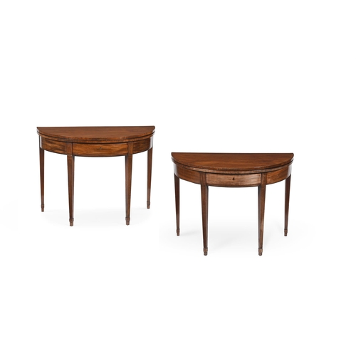 767 - A PAIR OF GEORGE III MAHOGANY AND LINE INLAID DEMI-LUNE FOLDING TEA TABLES CIRCA 1800 each 70cm high... 