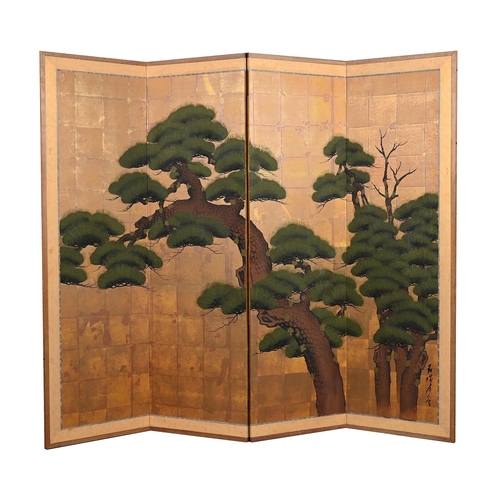 775 - A JAPANESE FOUR PANEL SCREEN20TH CENTURY Ink and colour on paper, decorated on one side with trees a... 