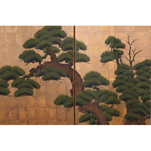 775 - A JAPANESE FOUR PANEL SCREEN20TH CENTURY Ink and colour on paper, decorated on one side with trees a... 