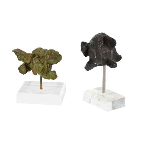 778 - TWO PATINATED METAL MODELS OF ELEPHANTS MODERNModelled atop acrylic museum type stands17 and 13cm hi... 