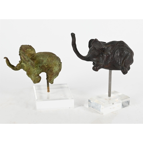 778 - TWO PATINATED METAL MODELS OF ELEPHANTS MODERNModelled atop acrylic museum type stands17 and 13cm hi... 