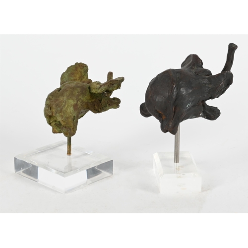 778 - TWO PATINATED METAL MODELS OF ELEPHANTS MODERNModelled atop acrylic museum type stands17 and 13cm hi... 