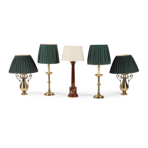 785 - MODERN TABLE LAMPS TO INCLUDE: A pair of Arts and Crafts style brass lamps 71cm high including shade... 