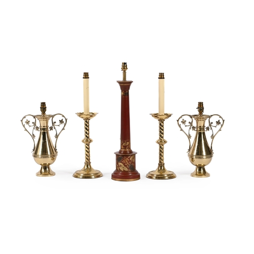 785 - MODERN TABLE LAMPS TO INCLUDE: A pair of Arts and Crafts style brass lamps 71cm high including shade... 