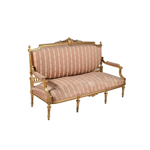 788 - A FRENCH GILTWOOD SETTEEIN LOUIS XVI STYLE, LATE 19TH CENTURY 106cm high, 185cm wide, 62cm deep