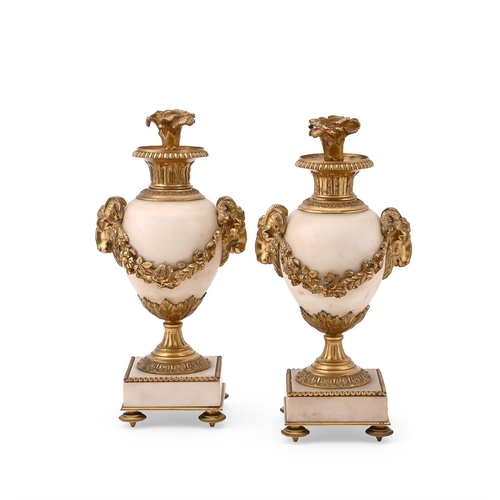 789 - A PAIR OF FRENCH GILT BRONZE MOUNTED ALABASTER AND MARBLE URNS LATE 19TH CENTURY IN THE LOUIS XVI MA... 