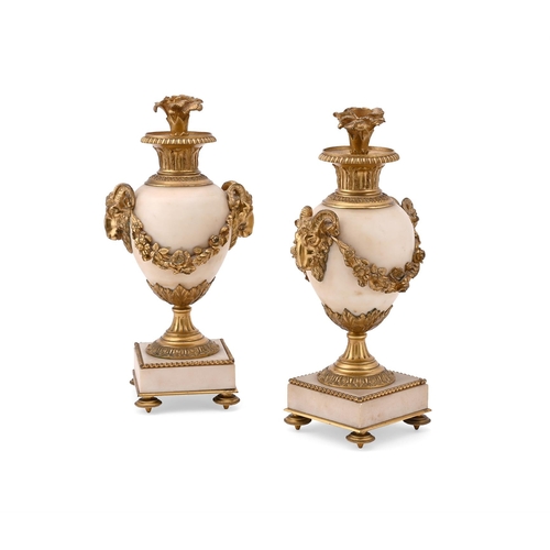 789 - A PAIR OF FRENCH GILT BRONZE MOUNTED ALABASTER AND MARBLE URNS LATE 19TH CENTURY IN THE LOUIS XVI MA... 