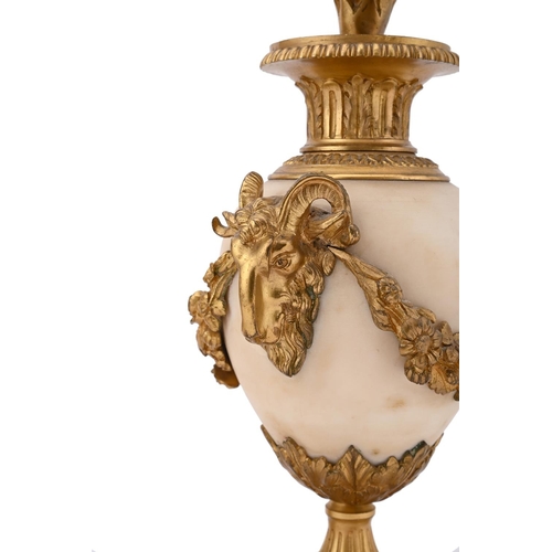 789 - A PAIR OF FRENCH GILT BRONZE MOUNTED ALABASTER AND MARBLE URNS LATE 19TH CENTURY IN THE LOUIS XVI MA... 