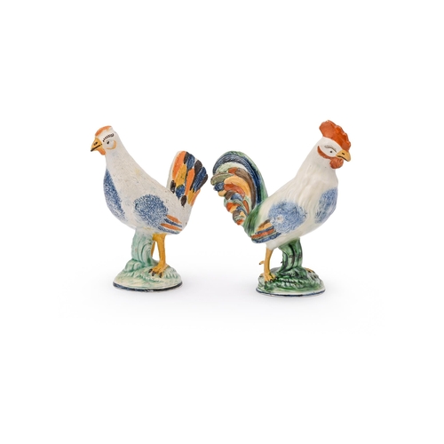 791 - A PAIR OF STAFFORDSHIRE PEARLWARE MODELS OF A COCKEREL AND HEN CIRCA 1800 Of Pratt family type one 2... 