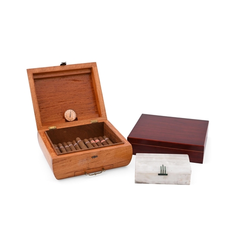 794 - Y CIGAR RELATED ITEMS INCLUDING: Two modern wood humidors, both unmarked, larger a satinwood variant... 