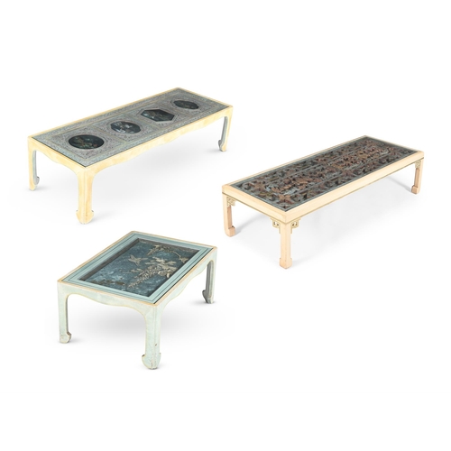 796 - Y TWO PAINTED, GLAZED AND CHINESE PANEL INSET LOW TABLES POSSIBLY BY MALLETT, 20TH CENTURY INCORPORA... 