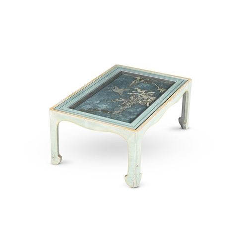 796 - Y TWO PAINTED, GLAZED AND CHINESE PANEL INSET LOW TABLES POSSIBLY BY MALLETT, 20TH CENTURY INCORPORA... 