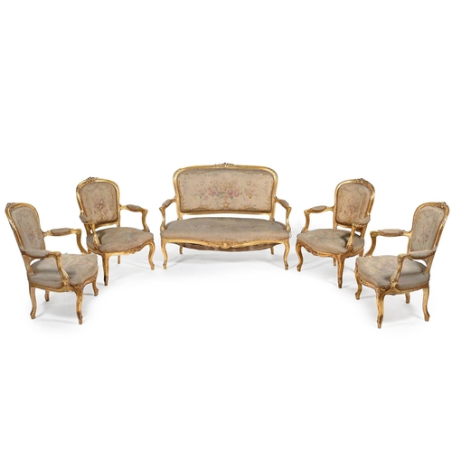 804 - A FRENCH GILTWOOD SALON SUITE IN LOUIS XV STYLE 19TH CENTURY Comprising a sofa and four armchairs, t... 