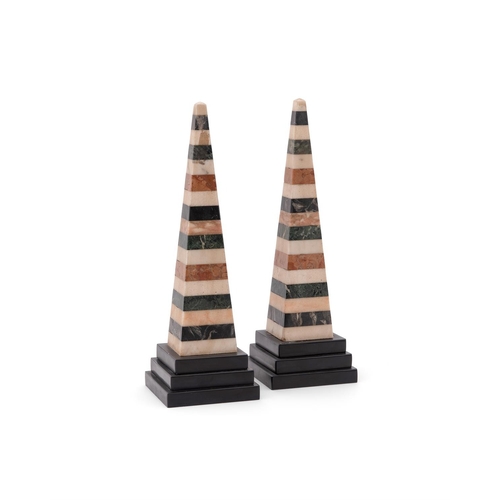 815 - A PAIR OF MARBLE, ALABASTER AND SLATE OBELISKS MODERN each 38cm high, the bases 13cm  Provenance:The... 