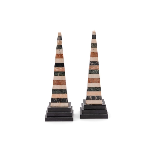 815 - A PAIR OF MARBLE, ALABASTER AND SLATE OBELISKS MODERN each 38cm high, the bases 13cm  Provenance:The... 