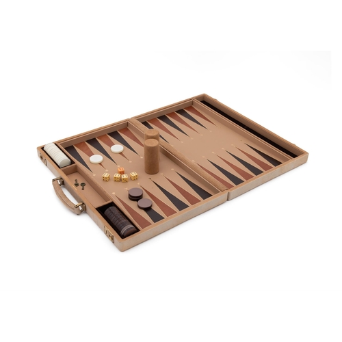 817 - ASPREY: A LEATHER AND SUEDE BACKGAMMON SET LATE 20TH CENTURY Faux horn pieces, tooled leather interi... 