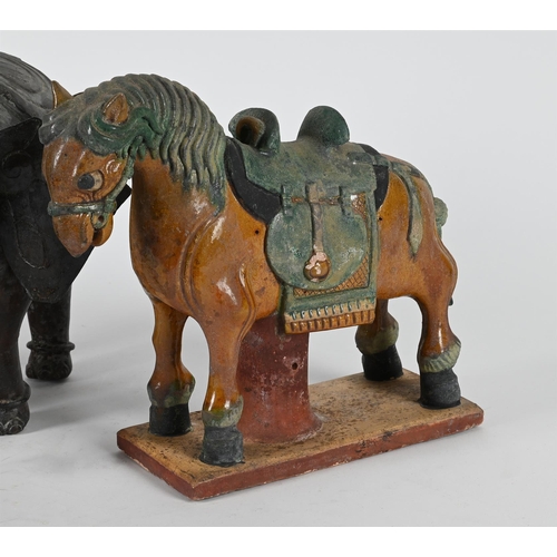 818 - A PATINATED METAL MODEL OF AN ELEPHANT20TH CENTURY 24cm high, 32cm long TOGETHER WITH A tang style p... 