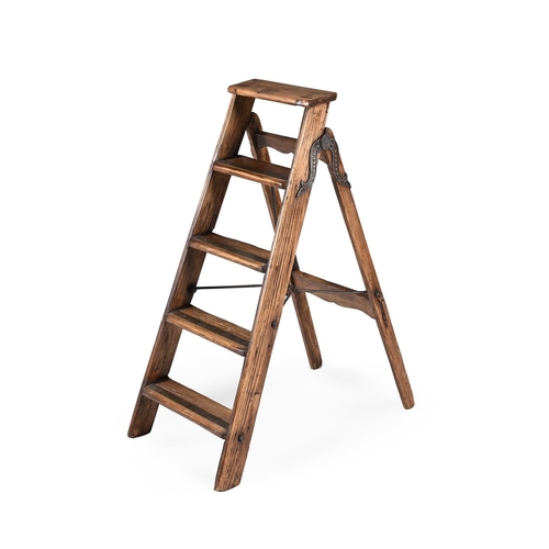 821 - A VICTORIAN PINE AND BRASS STRIP MOUNTED LIBRARY LADDER 19TH CENTURY The hinges marked 'PIONEER LADD... 