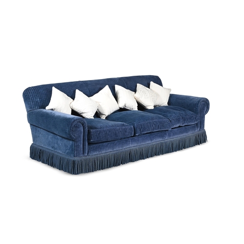 824 - A BLUE CORDED VELVET UPHOLSTERED THREE-SEAT SOFA LATE 20TH CENTURY With fire labels 80cm high, 220cm... 