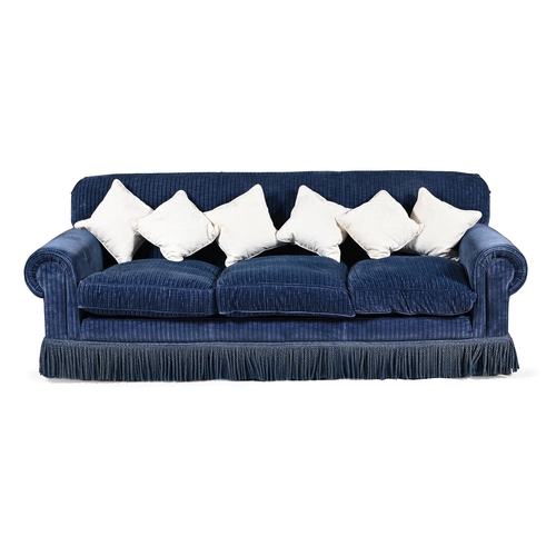 824 - A BLUE CORDED VELVET UPHOLSTERED THREE-SEAT SOFA LATE 20TH CENTURY With fire labels 80cm high, 220cm... 