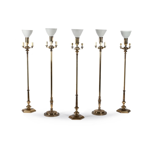 836 - MODERN FLOOR LIGHTS BY STIFFEL INCLUDING: Three 4 light burnished brass lights, hexagonal bases 151.... 