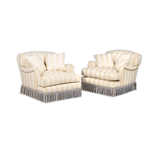 837 - A PAIR OF UPHOLSTERED EASY ARMCHAIRS IN THE MANNER OF GEORGE SMITH, LATE 20TH CENTURY With fire labe... 