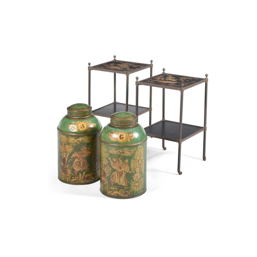 839 - A PAIR OF MALLETT STYLE CHINOISERIE DECORATED TWO TIER OCCASIONAL TABLES LATE 20TH CENTURY Each with... 