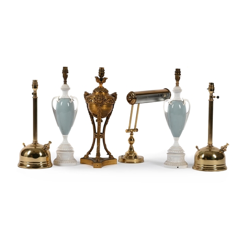 846 - TABLE LAMPS TO INCLUDE: A French gilt metal Athénienne lamp, early 20th century and later converted,... 