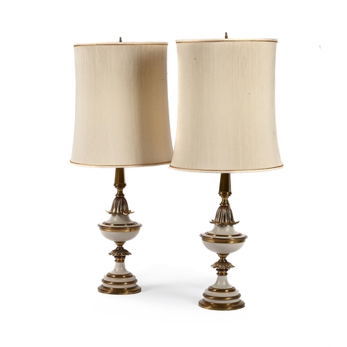 862 - MODERN TABLE LAMPS INCLUDING: A pair of burnished metal lamps, 103cm high to top of central stem, an... 