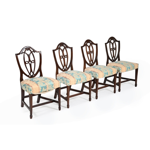 873 - A SET OF TEN MAHOGANY DINING CHAIRS  IN THE MANNER OF DESIGNS BY GEORGE HEPPLEWHITE, FOUR CIRCA 1780... 