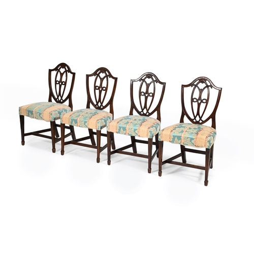 873 - A SET OF TEN MAHOGANY DINING CHAIRS  IN THE MANNER OF DESIGNS BY GEORGE HEPPLEWHITE, FOUR CIRCA 1780... 