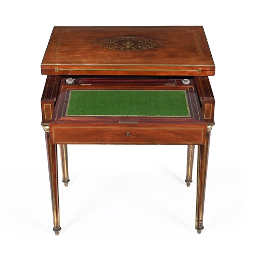 876 - A FRENCH MAHOGANY AND BRASS INLAID CARD AND WRITING TABLE SECOND HALF 19TH CENTURY73cm high, 70cm wi... 