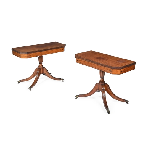 880 - Y A PAIR OF REGENCY MAHOGANY AND EBONY STRUNG CARD TABLES CIRCA 1820 each 72cm high, 92cm wide, 45cm... 