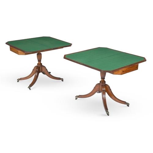 880 - Y A PAIR OF REGENCY MAHOGANY AND EBONY STRUNG CARD TABLES CIRCA 1820 each 72cm high, 92cm wide, 45cm... 