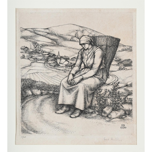 163 - λ ENID BUTCHER (BRITISH 1902-1991)BRETON WOMAN HAVING A REST WITH A VILLAGE BEYOND Etching, 1930 Sig... 