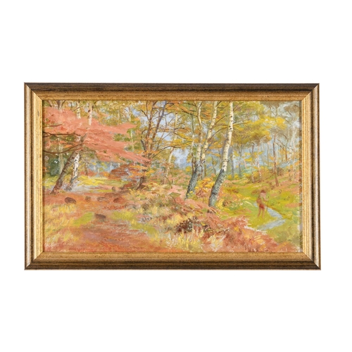 177 - ARTHUR HUGHES (BRITISH 1832-1915)AUTUMNAL WOODLAND, POSSIBLY BURNHAM BEECHESOil on board21 x 36cm (8... 