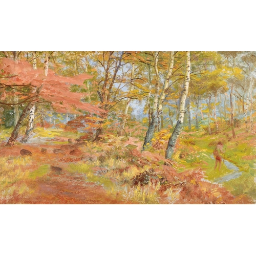 177 - ARTHUR HUGHES (BRITISH 1832-1915)AUTUMNAL WOODLAND, POSSIBLY BURNHAM BEECHESOil on board21 x 36cm (8... 