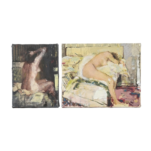 213 - λ TOM COATES (BRITISH 1941-2023)NUDE ON A BED Oil on canvas 25.5 x 30cm (10 x 11¾ in.) & 25.5 x 18cm... 