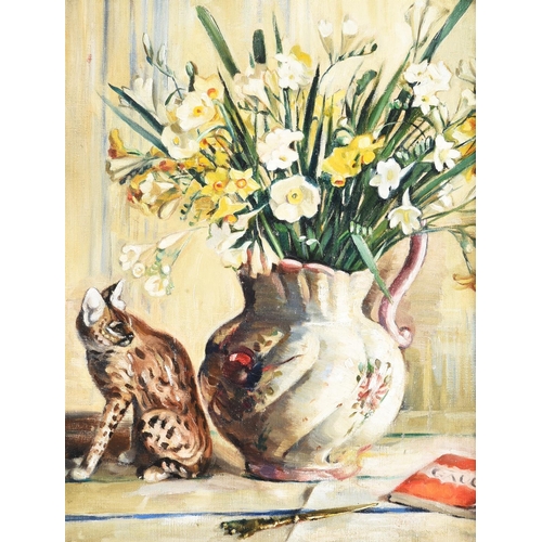 36 - FRENCH SCHOOL (20TH CENTURY) STILL LIFE WITH VASE AND CAT Oil on canvas 43.5 x 33.5cm (17 x 13 in.) ... 