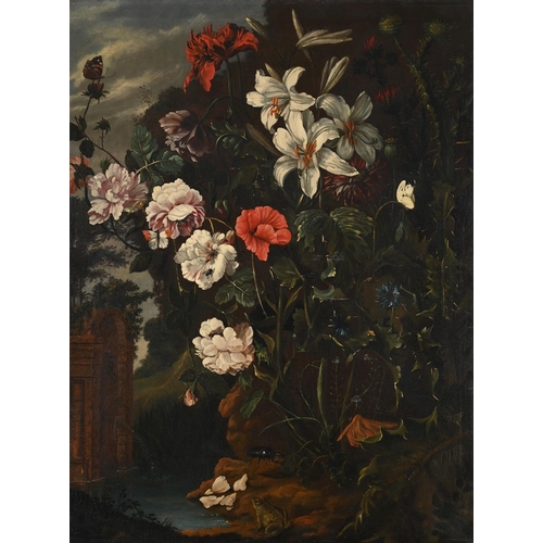 40 - ENGLISH SCHOOL (20TH CENTURY) LILLIES, CLUYSANTHEMUMS AND POPPIES IN A LANDSCAPE, WITH A FROG AND BE... 