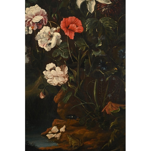 40 - ENGLISH SCHOOL (20TH CENTURY) LILLIES, CLUYSANTHEMUMS AND POPPIES IN A LANDSCAPE, WITH A FROG AND BE... 