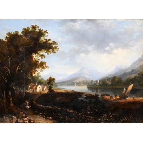 54 - CIRCLE OF PATRICK NASMYTH (BRITISH 1787-1831)EXTENSIVE SCOTTISH LANDSCAPE WITH A LOCH WITH BOATSOil ... 