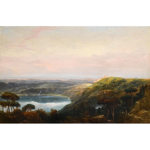 57 - FOLLOWER OF CARLO LABRUZZI VIEW OF LAKE NEMIOil on canvas67 x 103cm (26¼ x 40½ in.)Provenance: Sale,... 