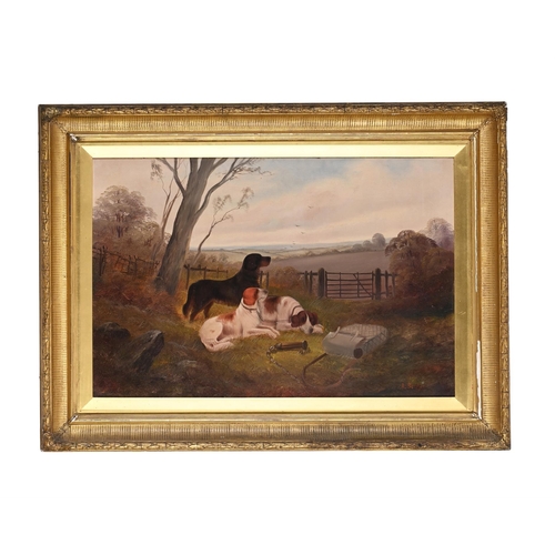 67 - A. BARKER (19TH CENTURY)HUNTING DOGS RESTING; HUNTING DOGS IN A LANDSCAPEOil on canvasBoth signed (l... 