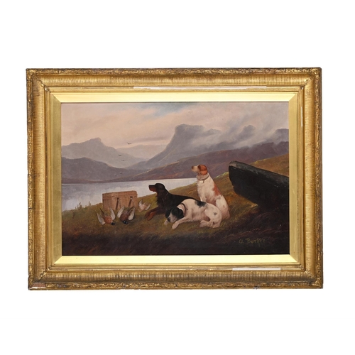 67 - A. BARKER (19TH CENTURY)HUNTING DOGS RESTING; HUNTING DOGS IN A LANDSCAPEOil on canvasBoth signed (l... 