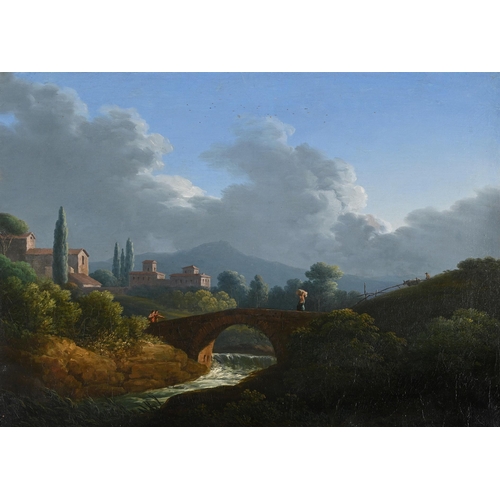 91 - ITALIAN SCHOOL (18TH CENTURY)PEASANTS CROSSING A BRIDGE; TRAVELLERS RESTINGOil on canvas, a pairThe ... 